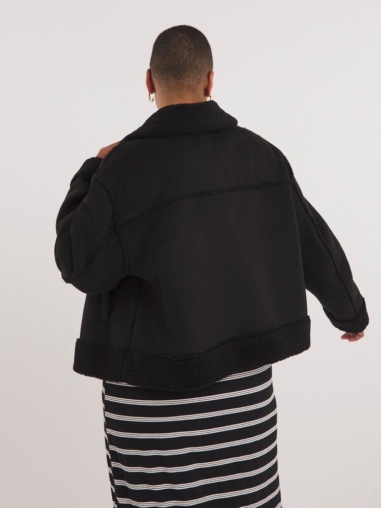 Simply Be Black Zip Through Suedette Aviator Jacket - Image 2 of 4