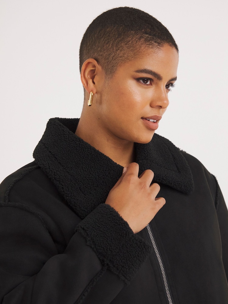 Simply Be Black Zip Through Suedette Aviator Jacket - Image 4 of 4