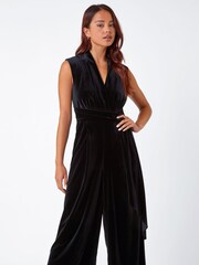 Roman Black Petite Velvet Wrap Jumpsuit - Image 1 of 5