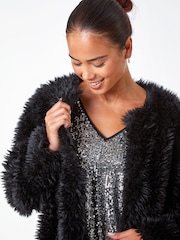 Roman Black Petite Soft Faux Fur Coat - Image 5 of 5