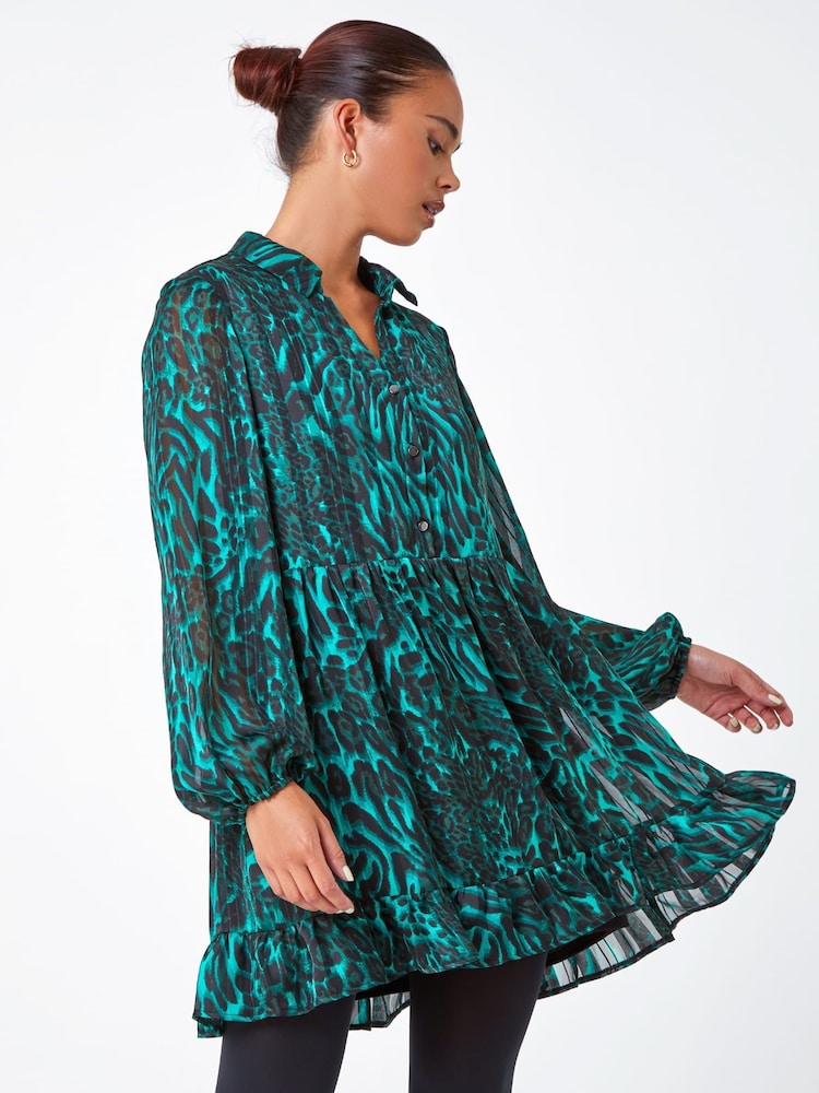Roman Green Petite Animal Print Frill Hem Dress - Image 1 of 5