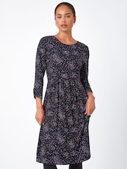 Roman Black Petite Ditsy Floral Ruched Stretch Dress - Image 1 of 5