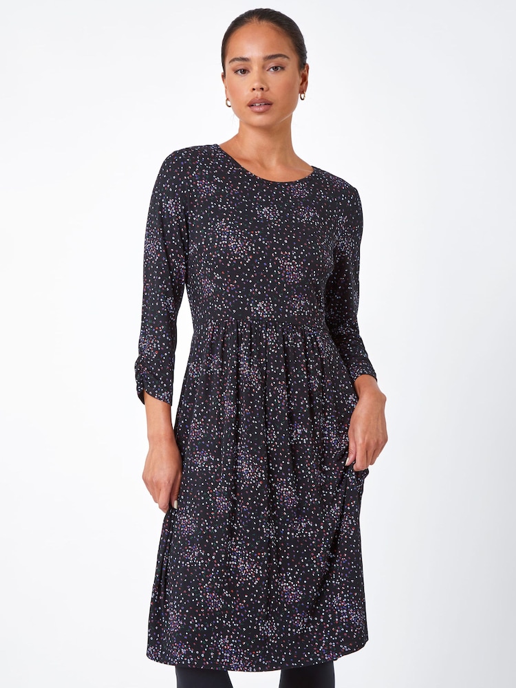 Roman Black Petite Ditsy Floral Ruched Stretch Dress - Image 1 of 5