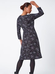 Roman Black Petite Ditsy Floral Ruched Stretch Dress - Image 2 of 5
