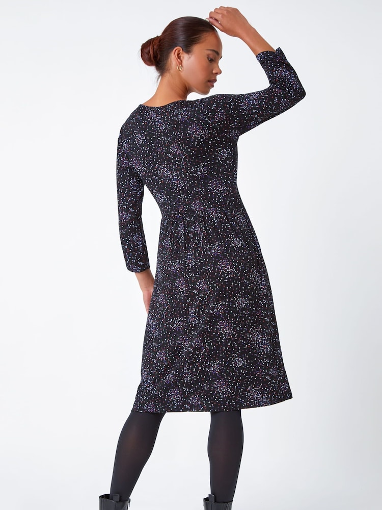 Roman Black Petite Ditsy Floral Ruched Stretch Dress - Image 2 of 5