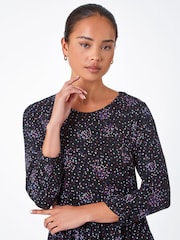 Roman Black Petite Ditsy Floral Ruched Stretch Dress - Image 4 of 5