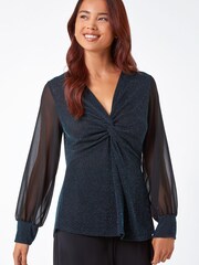 Roman Blue Petite Shimmer Chiffon Sleeve Top - Image 1 of 5
