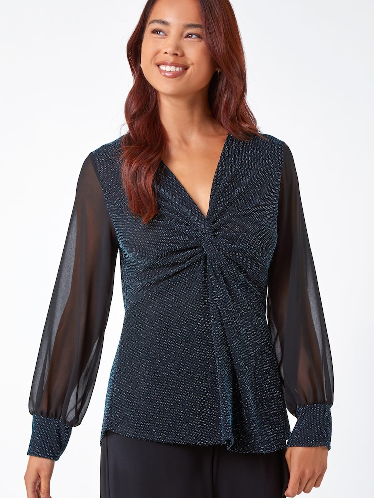 Roman Blue Petite Shimmer Chiffon Sleeve Top - Image 1 of 5