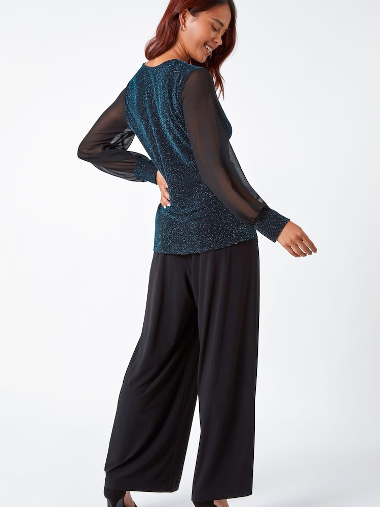 Roman Blue Petite Shimmer Chiffon Sleeve Top - Image 2 of 5
