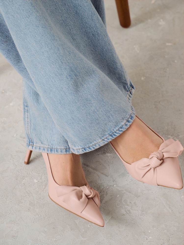 Pink Nude Forever Comfort® Leather Bow Mid Court Shoes - Image 1 of 8