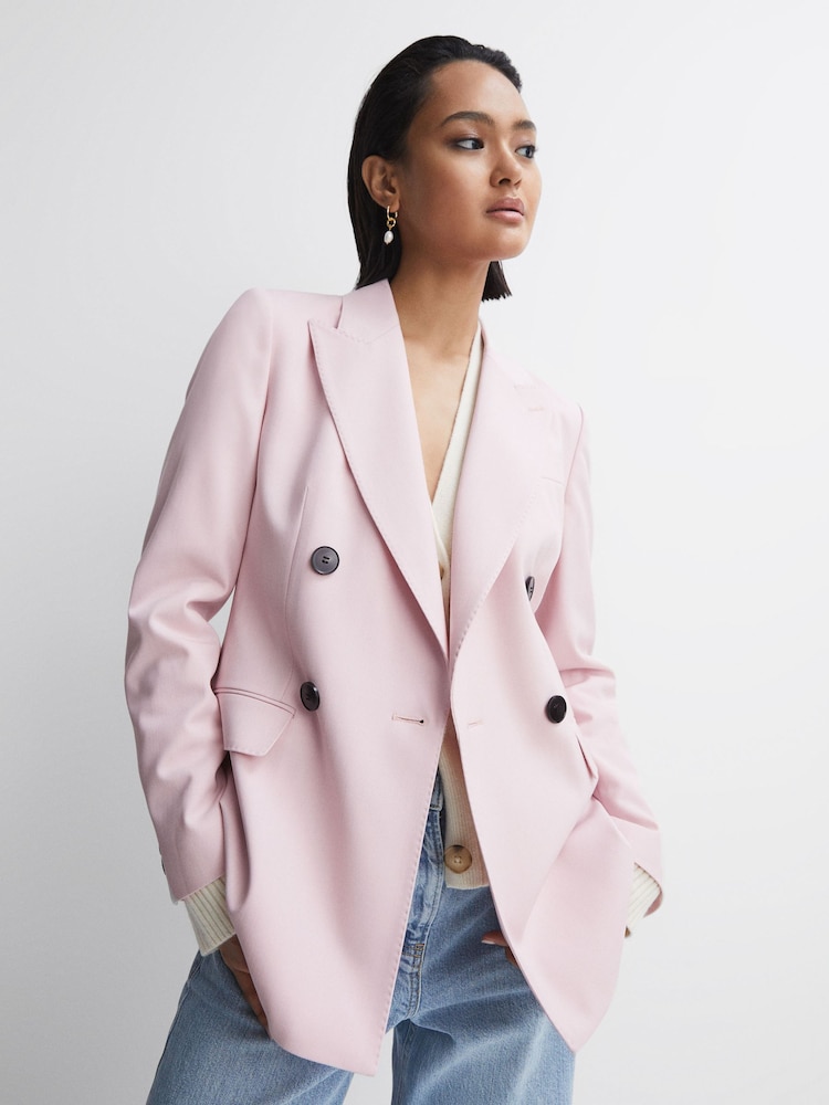 Reiss Pink Evelyn Tailored Wool Blend Double Breasted Blazer - Image 1 of 7