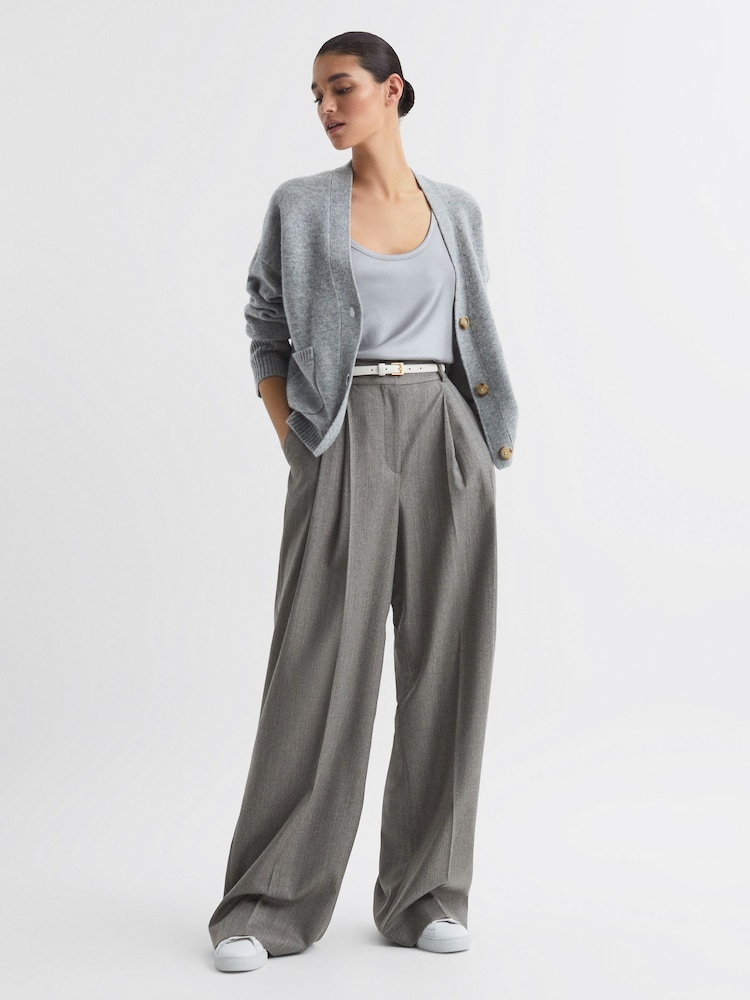 Reiss Grey Otis Petite Wool Blend Pinstripe Wide Leg Trousers - Image 1 of 6