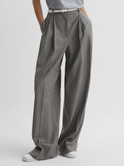 Reiss Grey Otis Wool Blend Pinstripe Wide Leg Trousers - Image 1 of 5