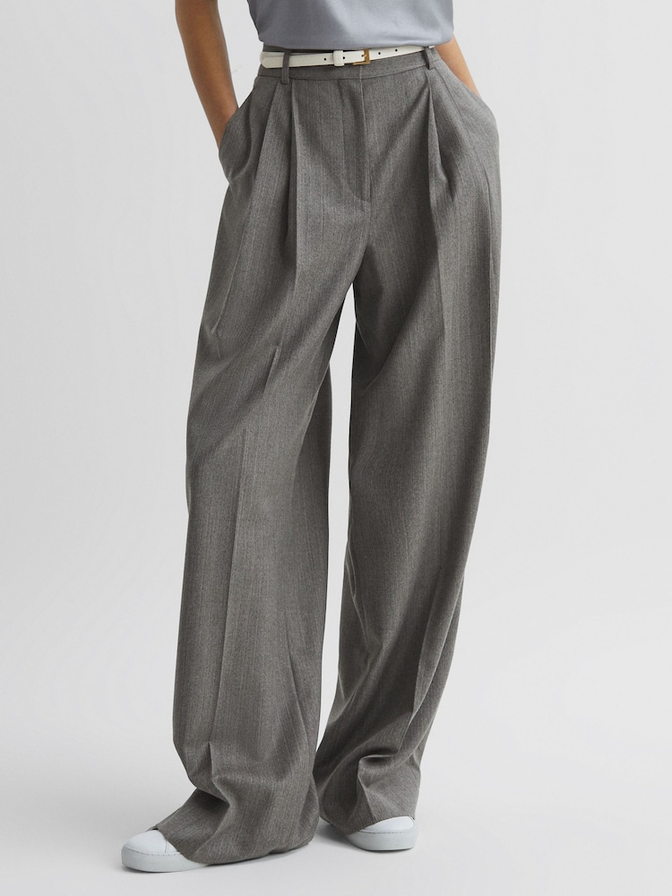 Reiss Grey Otis Wool Blend Pinstripe Wide Leg Trousers - Image 1 of 5