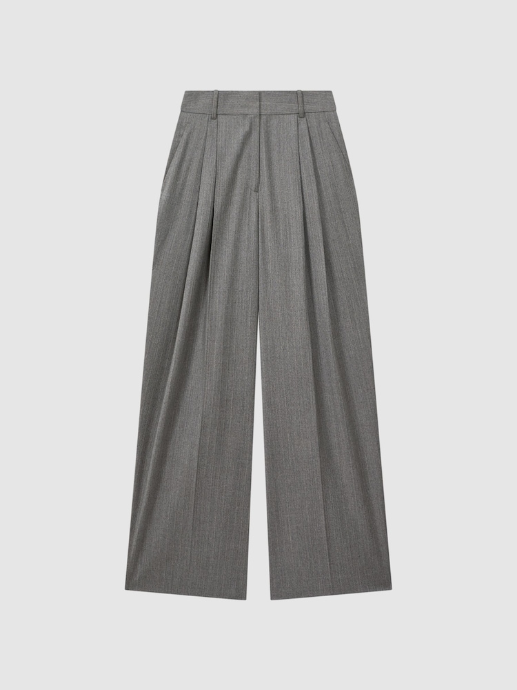 Reiss Grey Otis Wool Blend Pinstripe Wide Leg Trousers - Image 2 of 5