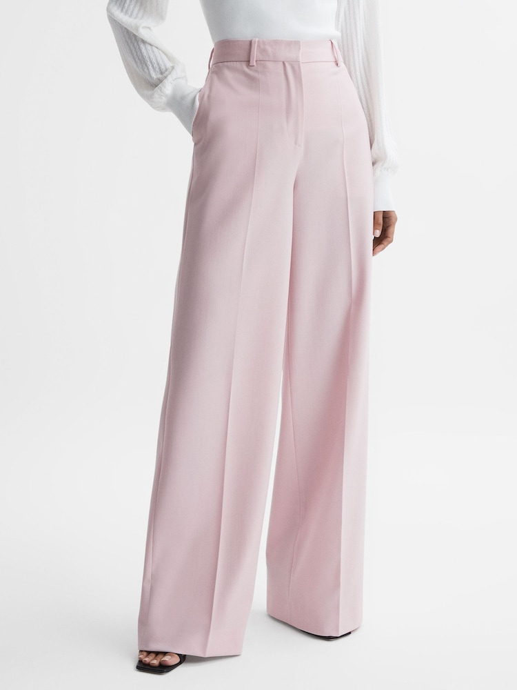 Reiss Pink Evelyn Wool Blend Mid Rise Wide Leg Trousers - Image 1 of 5