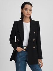 Reiss Black Lara Tailored Textured Wool Blend Double Breasted Blazer - Image 1 of 6