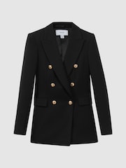 Reiss Black Lara Tailored Textured Wool Blend Double Breasted Blazer - Image 2 of 6