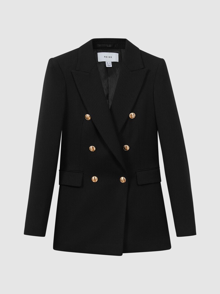 Reiss Black Lara Tailored Textured Wool Blend Double Breasted Blazer - Image 2 of 6
