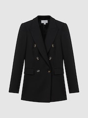 Reiss Black Lana Tailored Textured Wool Blend Double Breasted Blazer - Image 2 of 5