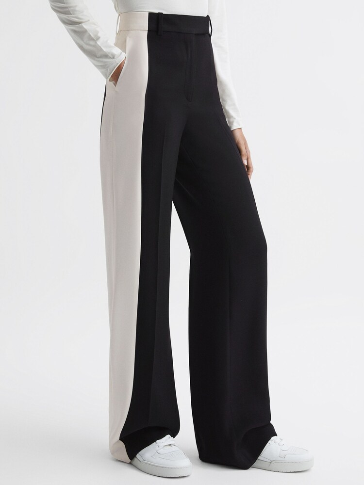 Reiss Black Saffron Petite Contrast Side Wide Leg Trousers - Image 1 of 6