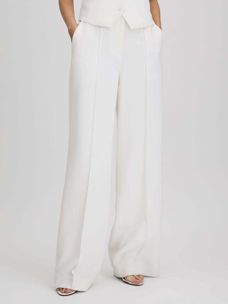 Reiss White Sienna Petite Crepe Wide Leg Suit Trousers - Image 1 of 8