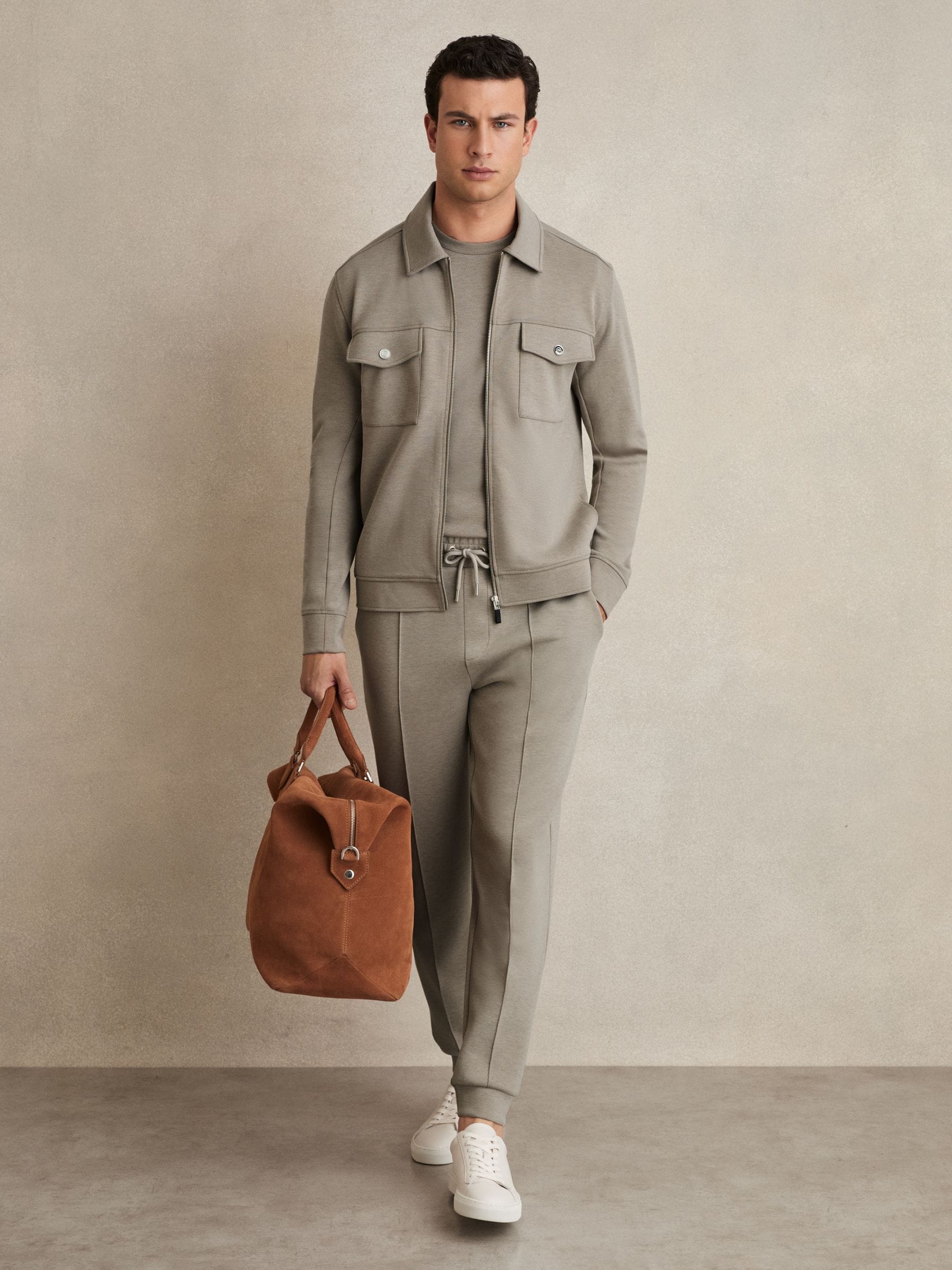 Buy Reiss Taupe Medina Interlock Jersey Zip-Through Overshirt from