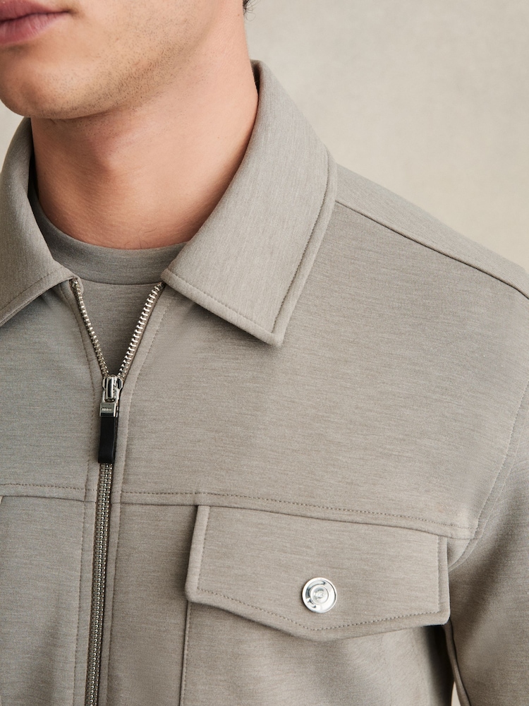 Taupe (Taupe) - Reiss Medina Zipped Interlock-Jersey Overshirt - Image 4 of 6