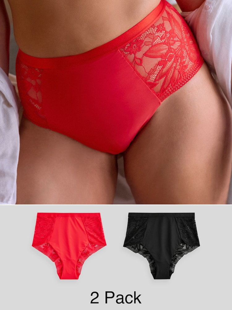 Red/Black High Rise Microfibre & Lace Knickers 2 Pack - Image 1 of 10