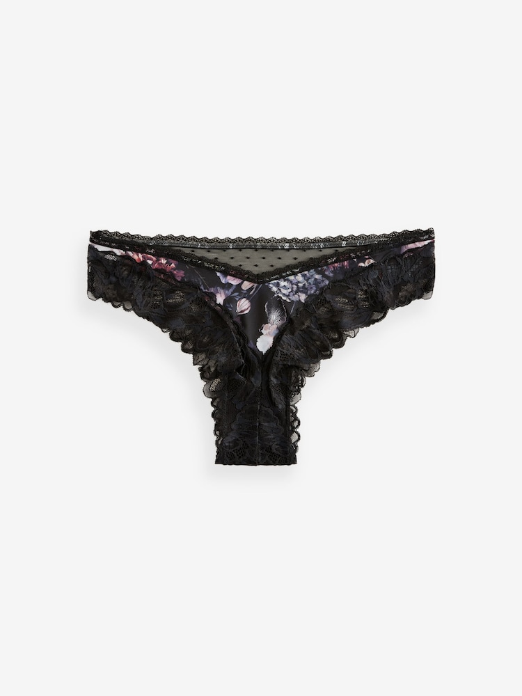 Schwarz mit floralem Print - Microfibre & Lace Extra High Leg Knicker - Image 3 of 5