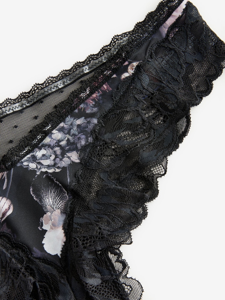 Schwarz mit floralem Print - Microfibre & Lace Extra High Leg Knicker - Image 4 of 5
