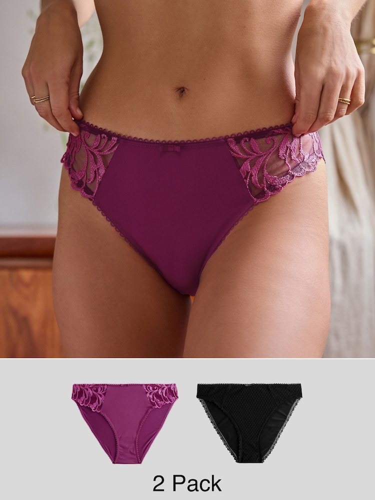 Plum Purple/Black Embroidered Knickers 2 Pack - Image 1 of 14