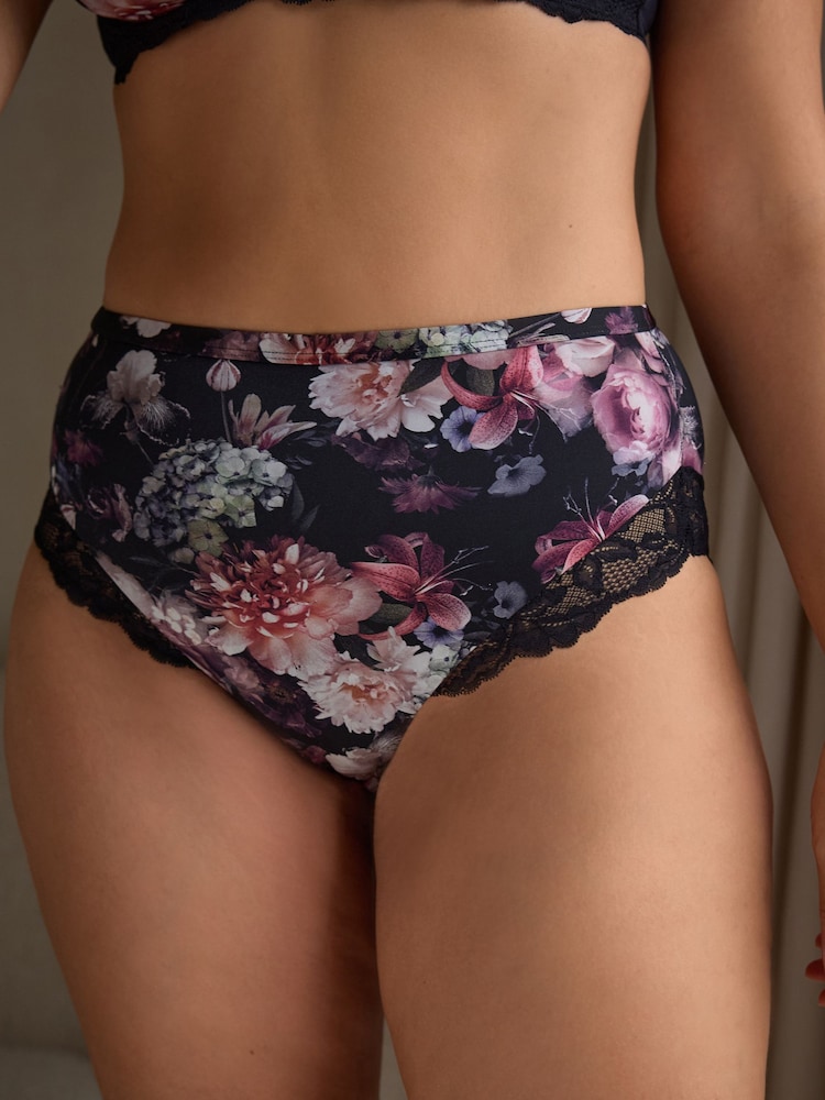 Floral Print/Plum High Rise Lace Trim High Rise High Leg Knickers 2 Pack - Image 1 of 9