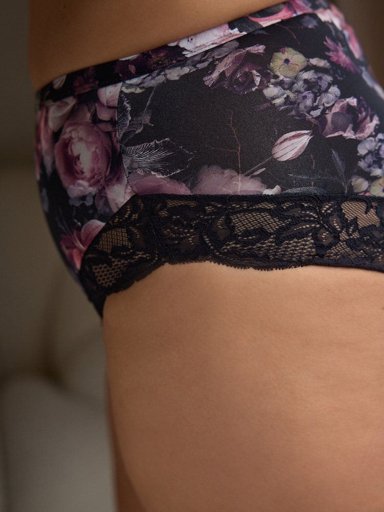 Fleuri Imprimé/Plum - Lot de culottes taille haute avec bordure en dentelle 2 - Image 3 of 9