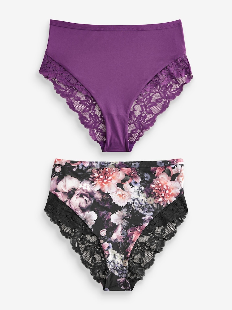 Fleuri Imprimé/Plum - Lot de culottes taille haute avec bordure en dentelle 2 - Image 4 of 9