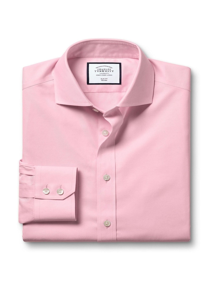 Charles Tyrwhitt Pink Non Iron Twill Cutaway Slim Fit 100% Cotton Shirt - Image 4 of 5
