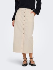 JDY Cream Button Front Denim Midi Skirt - Image 1 of 6