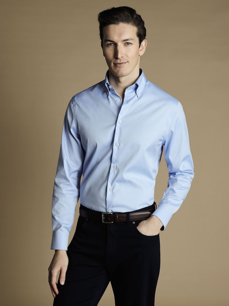 Charles Tyrwhitt Blue Non-iron Button Down Oxford Slim Fit 100% Cotton Shirt - Image 1 of 4