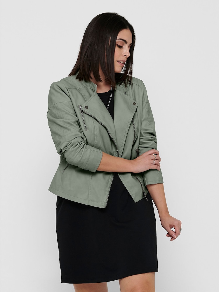 ONLY Curve Green Collarless Biker Jacket - Image 1 of 6