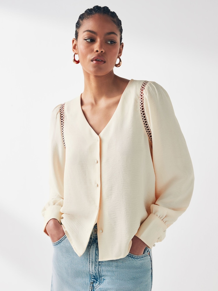 JDY Cream Broderie Trim Detail V-Neck Pretty Blouse - Image 1 of 5 JDY Cream Broderie Trim Detail V-Neck Pretty Blouse - Image 1 of 5