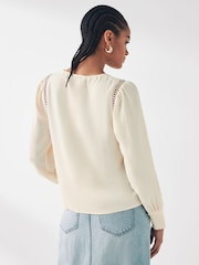 JDY Cream Broderie Trim Detail V-Neck Pretty Blouse - Image 2 of 5