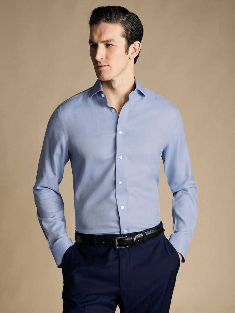 Charles Tyrwhitt Blue Slim Fit Cutaway Non-iron Herringbone 100% Cotton Shirt - Image 1 of 4