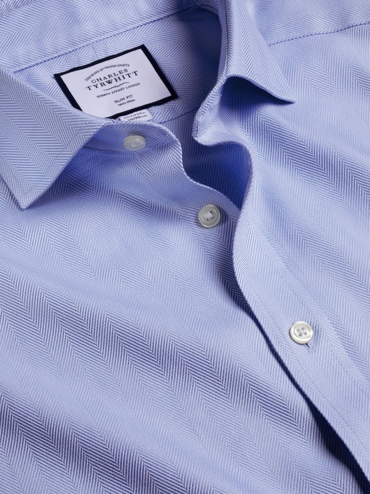 Charles Tyrwhitt Blue Slim Fit Cutaway Non-iron Herringbone 100% Cotton Shirt - Image 4 of 4