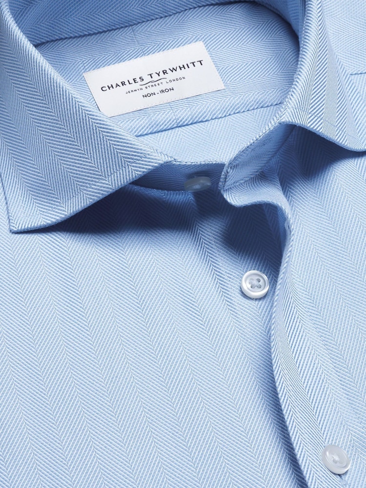 Blauw - Charles Tyrwhitt Slim Fit Cutaway Strijkvrij Herringbone 100% Katoenen Overhemd - Afbeelding 7 van 7 Blauw - Charles Tyrwhitt Slim Fit Cutaway Strijkvrij Herringbone 100% Katoenen Overhemd - Afbeelding 7 van 7