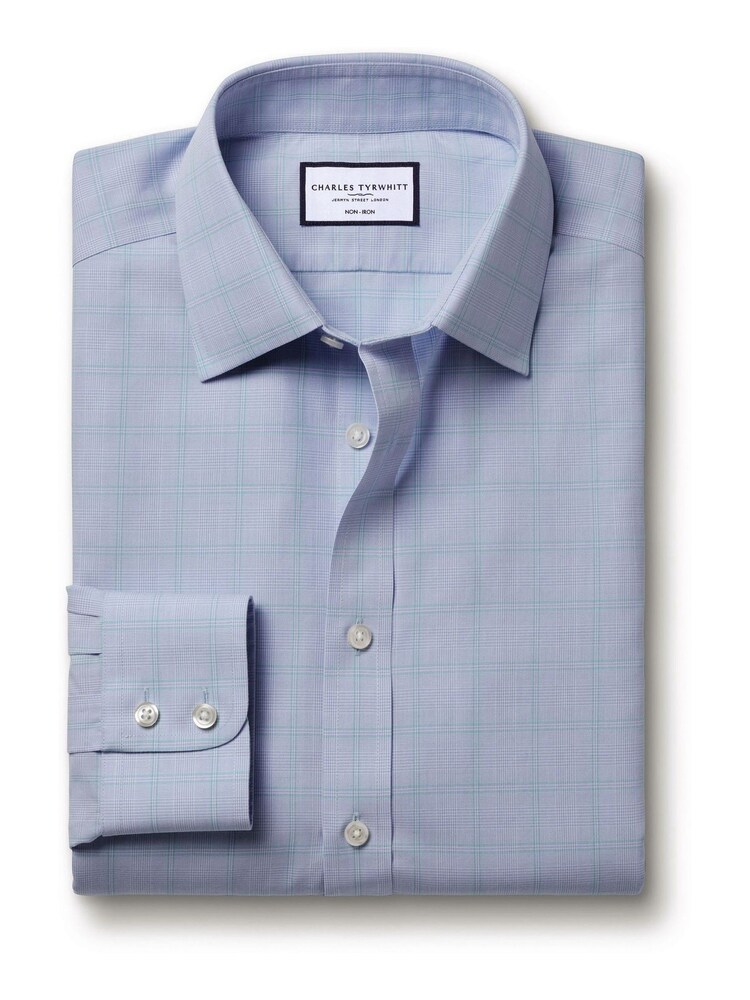 Charles Tyrwhitt Blue Prince of Wales Non-iron Poplin Slim Fit 100% Cotton Shirt - Image 4 of 6