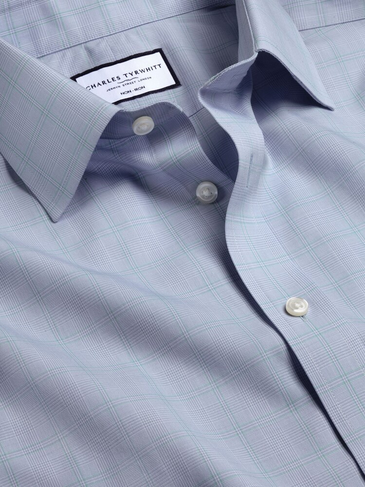 Charles Tyrwhitt Blue Prince of Wales Non-iron Poplin Slim Fit 100% Cotton Shirt - Image 5 of 6