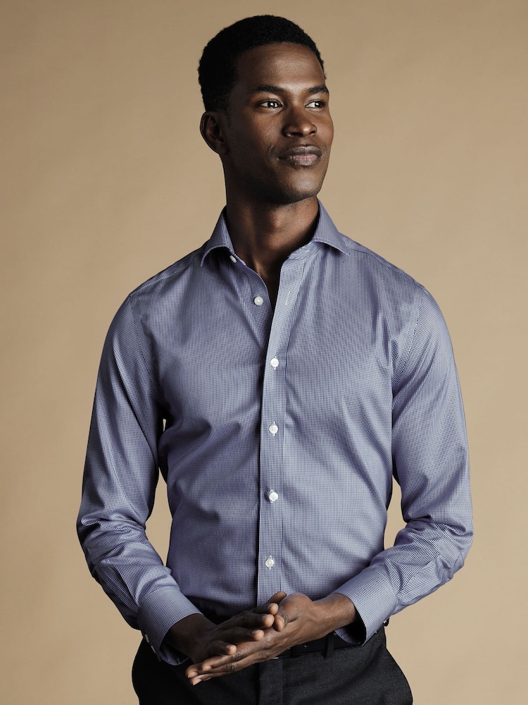 Charles Tyrwhitt Blue Non-iron Puppytooth Cutaway Slim Fit 100% Cotton Shirt - Image 1 of 4