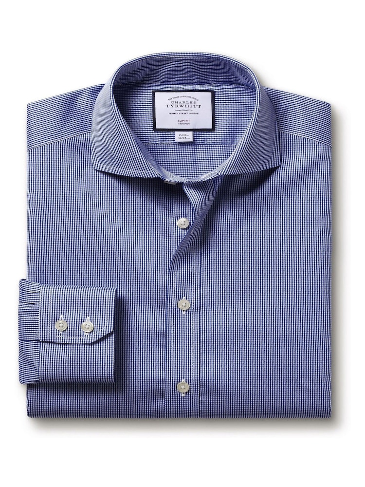 Charles Tyrwhitt Blue Non-iron Puppytooth Cutaway Slim Fit 100% Cotton Shirt - Image 4 of 4