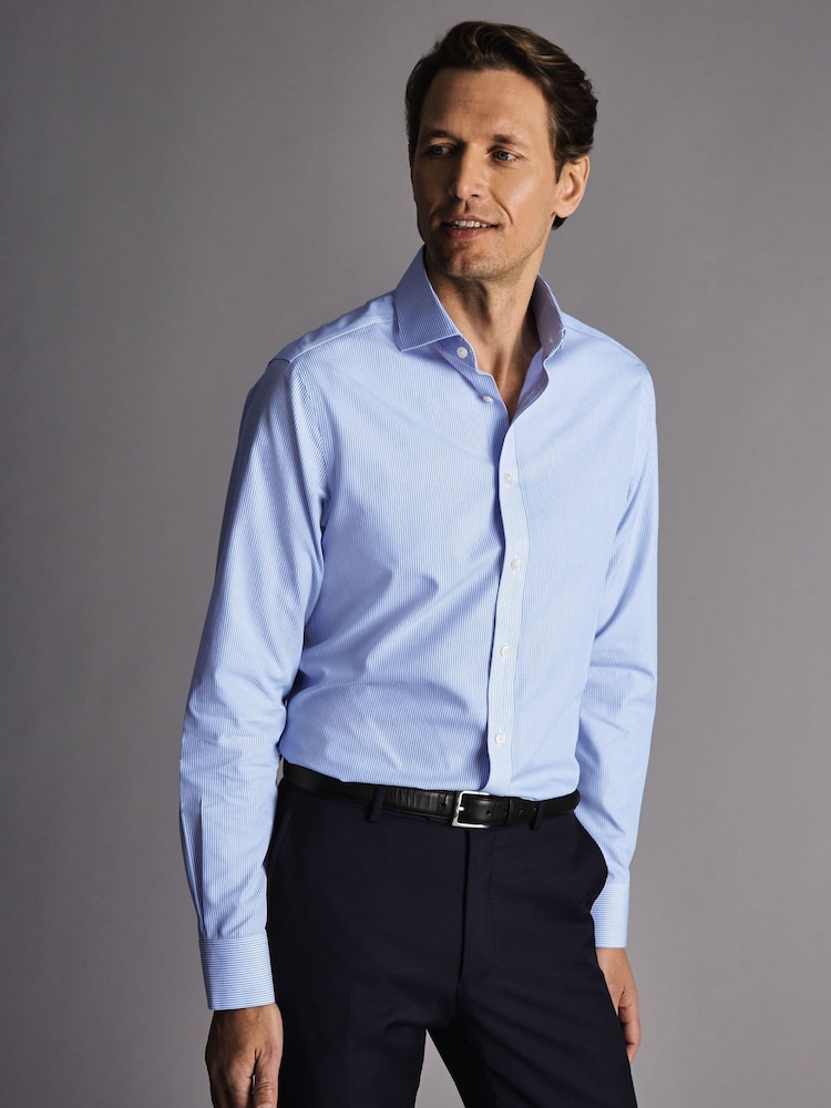 Charles Tyrwhitt Sky Blue Non-iron Bengal Stripe Slim Fit 100% Cotton Shirt - Image 1 of 6