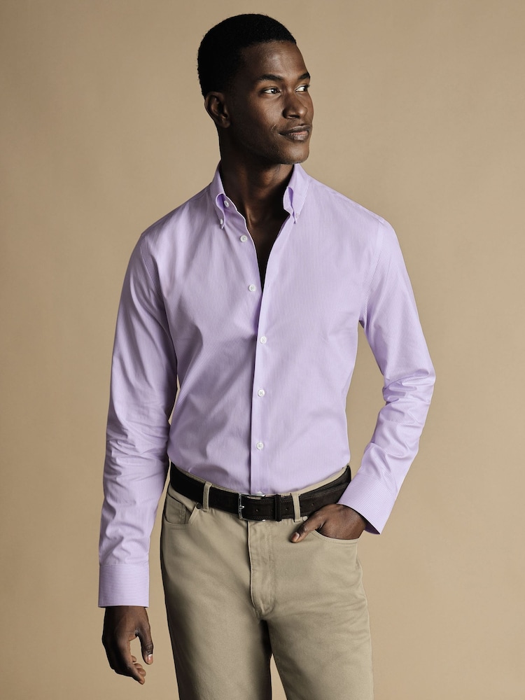 Charles Tyrwhitt Purple Check Non-iron Button-Down Oxford Slim Fit 100% Cotton Shirt - Image 1 of 6
